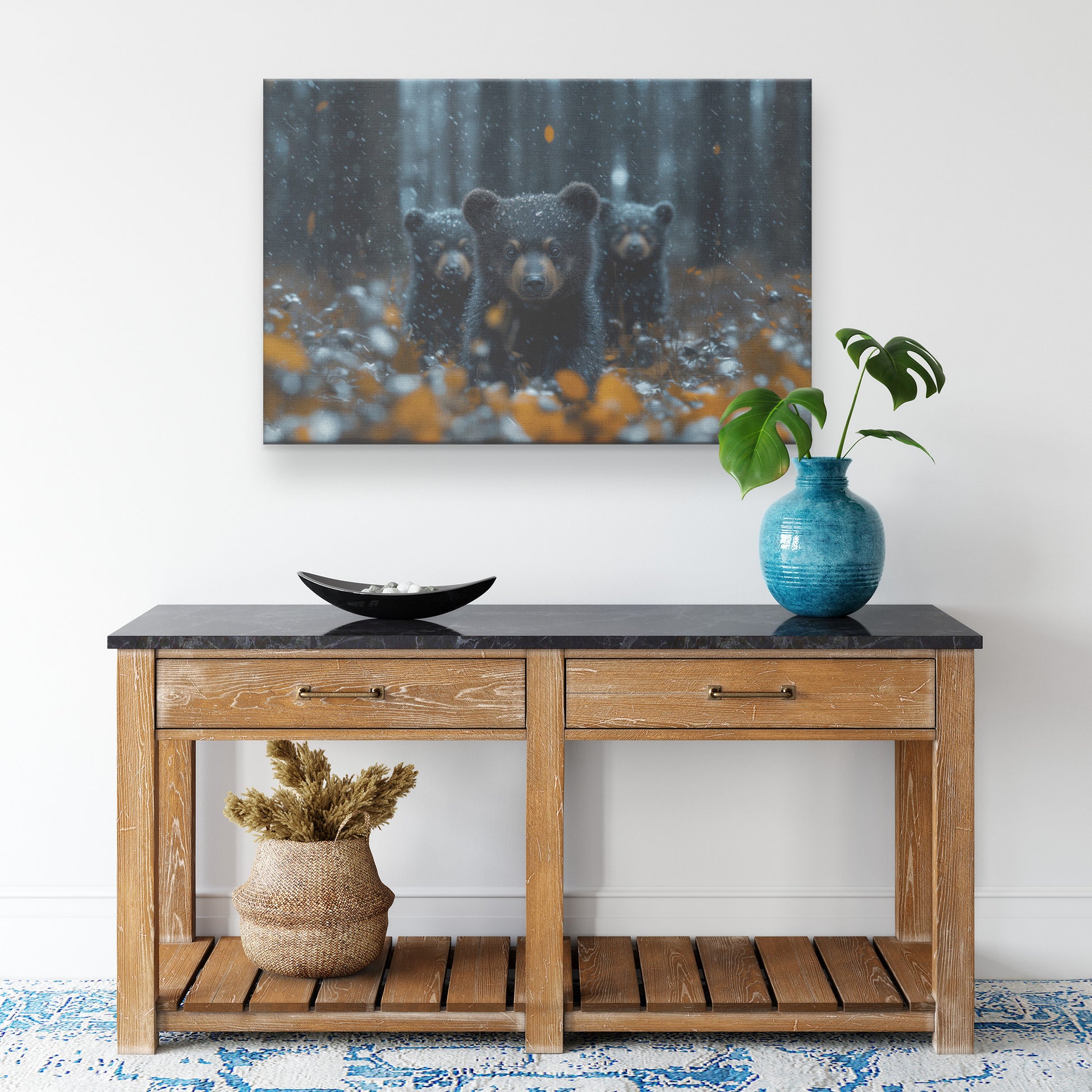 Playful Black Bear Cubs in Autumn Forest with First Snowfall   Christian Canvas Wall Art Decor - Awakening Righteousness