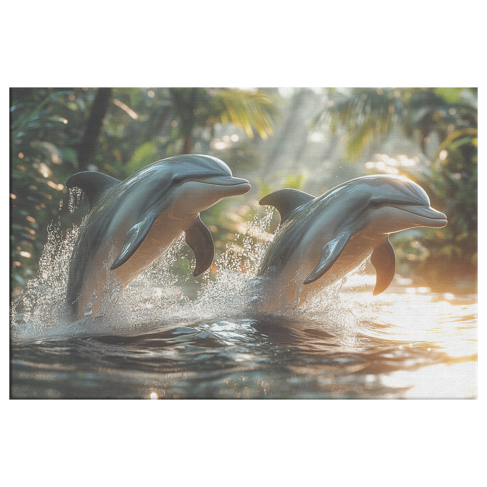 Playful Dolphins Leaping in Sunlight with Tropical Forest Background  Canvas Wall Art Decor - Awakening Righteousness