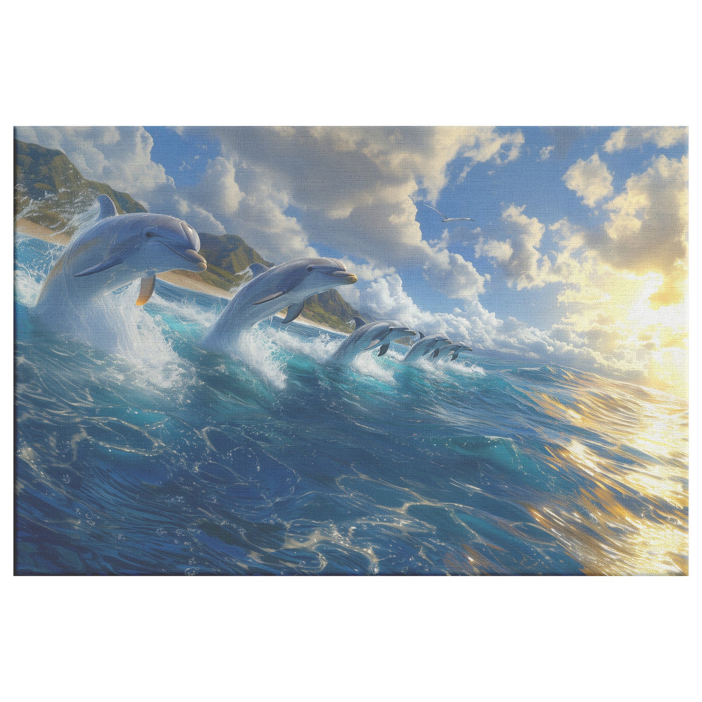 Playful Dolphins Leaping in the Ocean with Sunlight and Waves  Marine Life Canvas Wall Art Decor - Awakening Righteousness