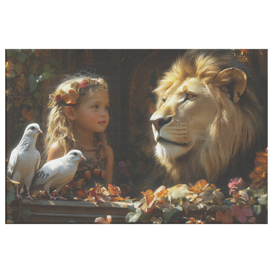 Princess with Lion and Dove in Enchanted Forest  A Beautiful Harmony with Little Princess in Flowered Headpiece Majestic Lion and Peaceful Dove Canvas Wall Art Decor - Awakening Righteousness