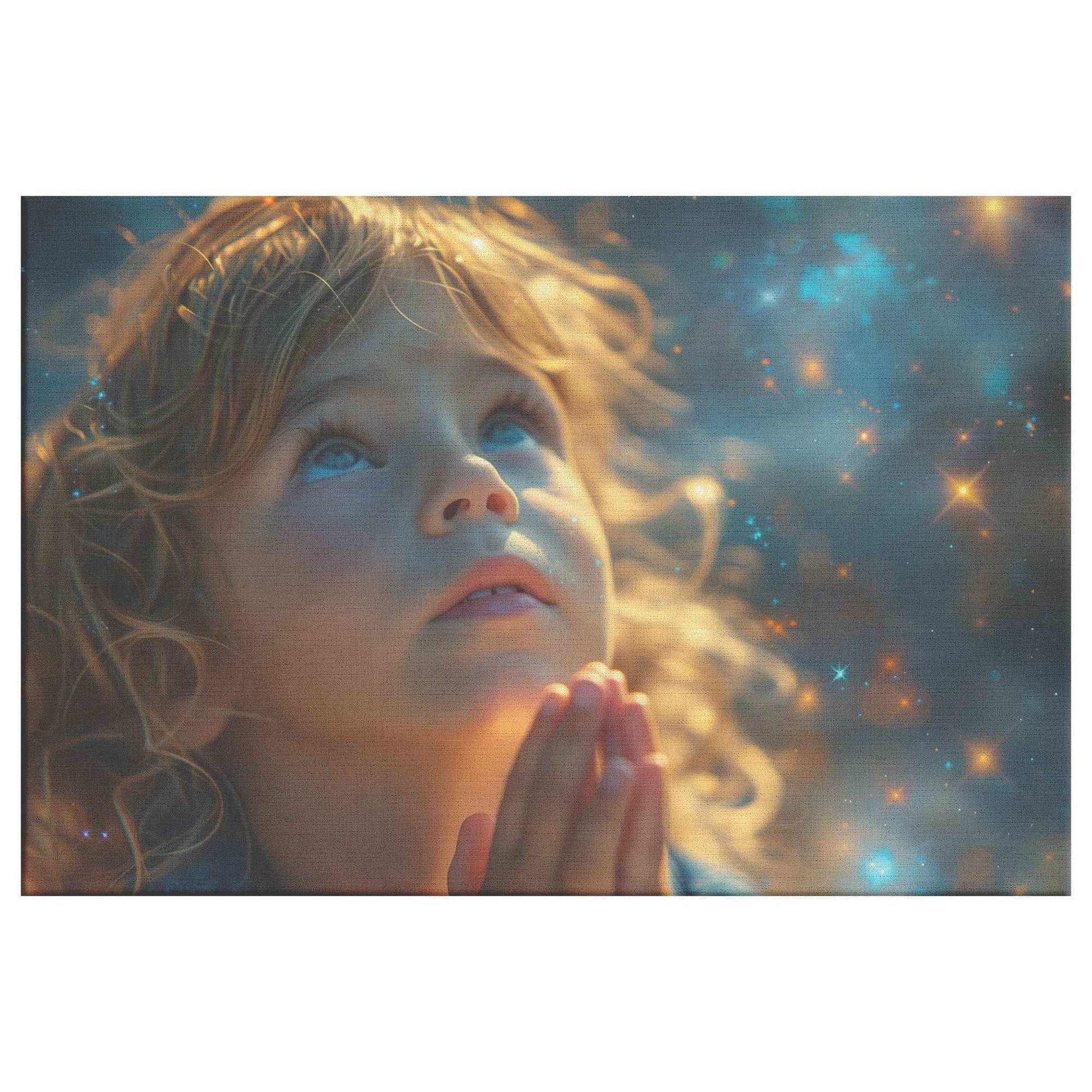 Radiant Faith Little Girl in Prayer Beneath a Celestial Canopy   Inspirational Christian Canvas Wall Art Decor