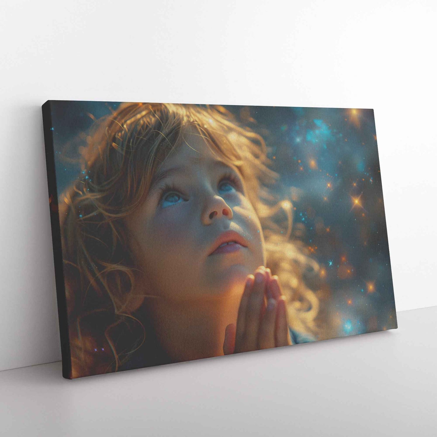 Radiant Faith Little Girl in Prayer Beneath a Celestial Canopy   Inspirational Christian Canvas Wall Art Decor