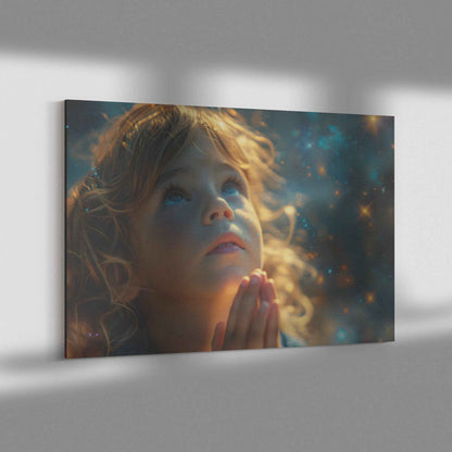 Radiant Faith Little Girl in Prayer Beneath a Celestial Canopy   Inspirational Christian Canvas Wall Art Decor