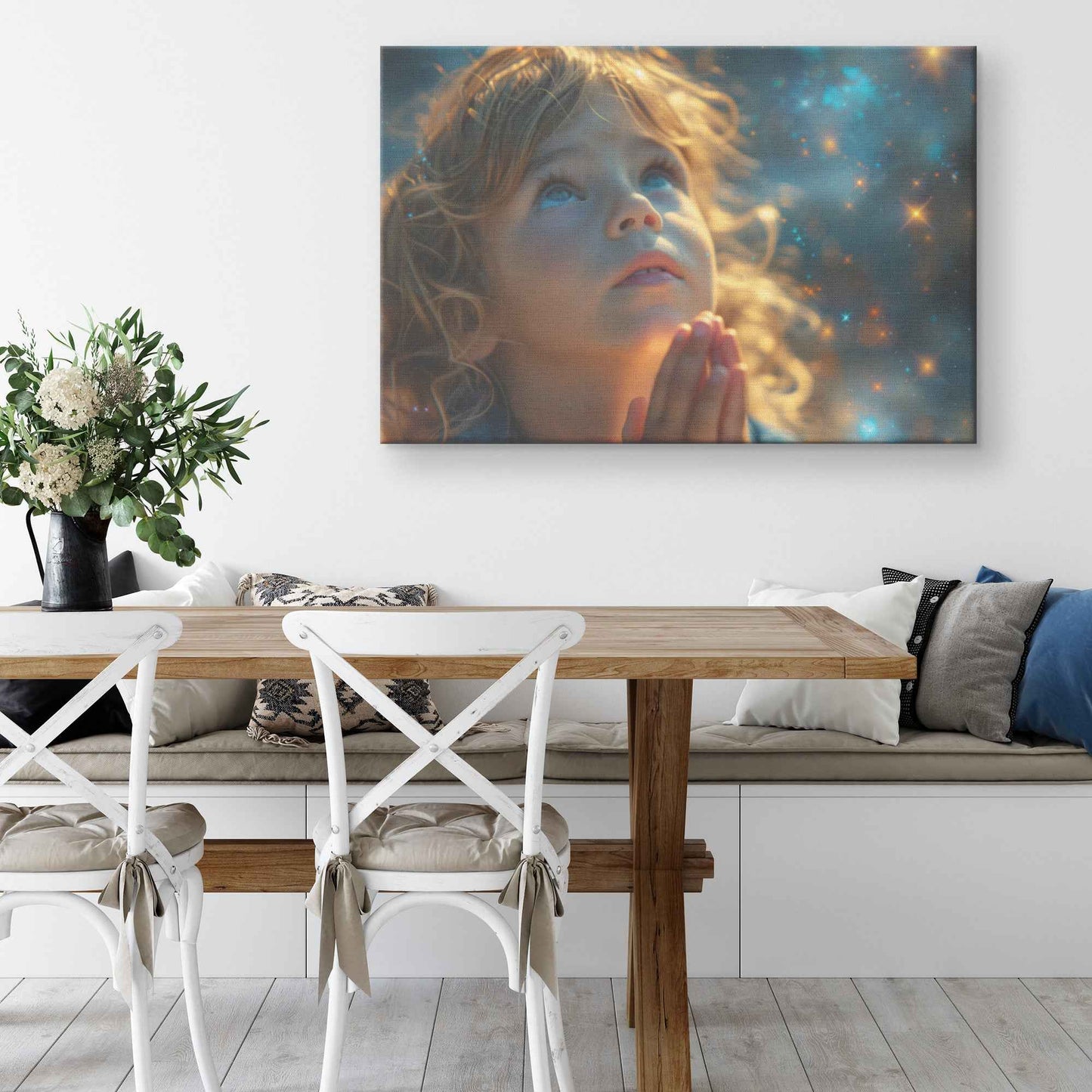 Radiant Faith Little Girl in Prayer Beneath a Celestial Canopy   Inspirational Christian Canvas Wall Art Decor