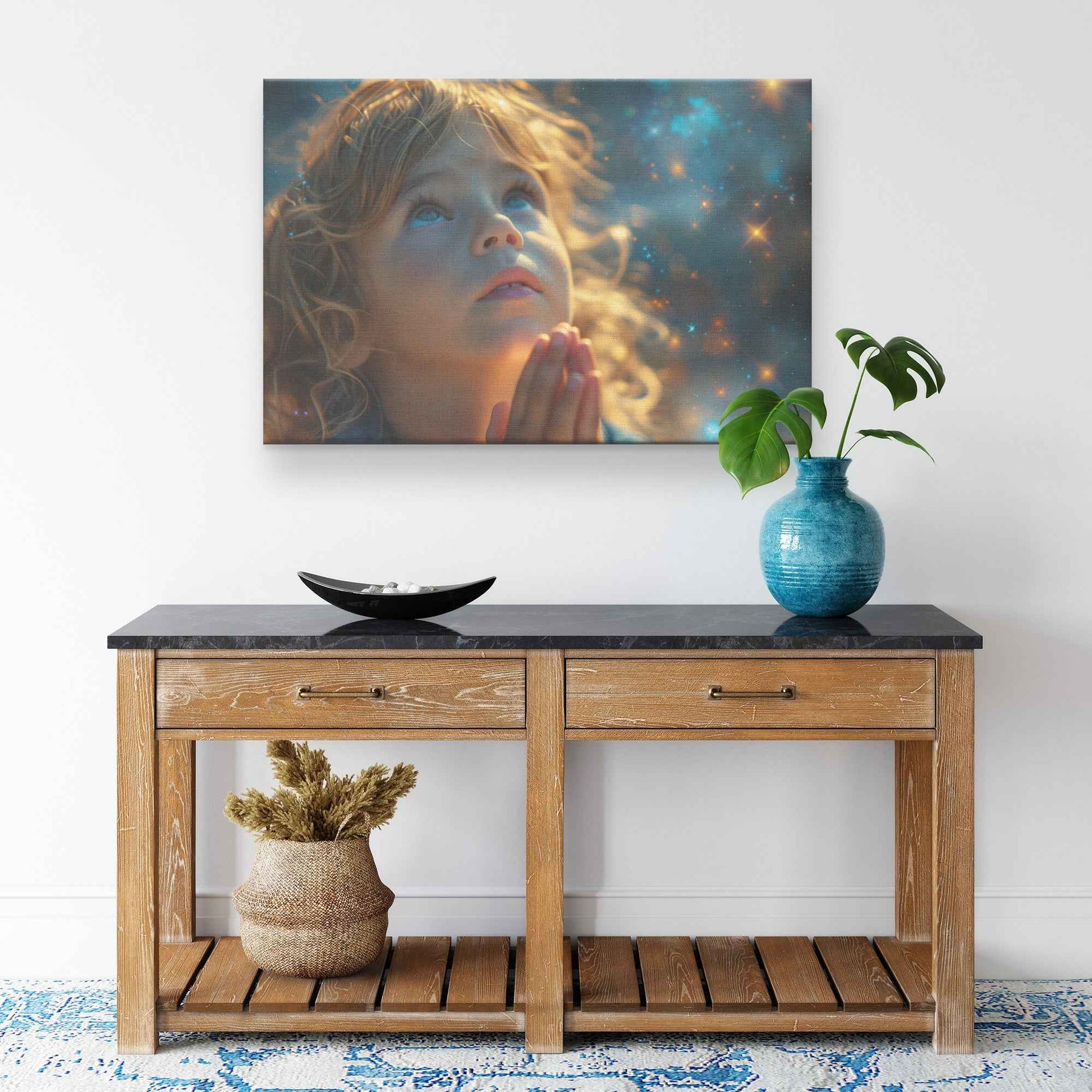 Radiant Faith Little Girl in Prayer Beneath a Celestial Canopy   Inspirational Christian Canvas Wall Art Decor