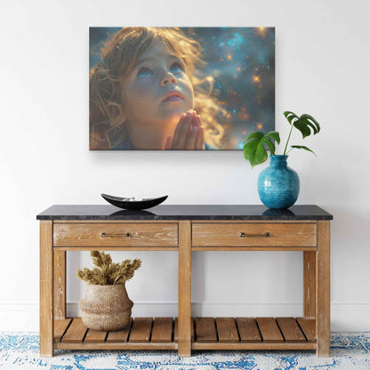 Radiant Faith Little Girl in Prayer Beneath a Celestial Canopy   Inspirational Christian Canvas Wall Art Decor