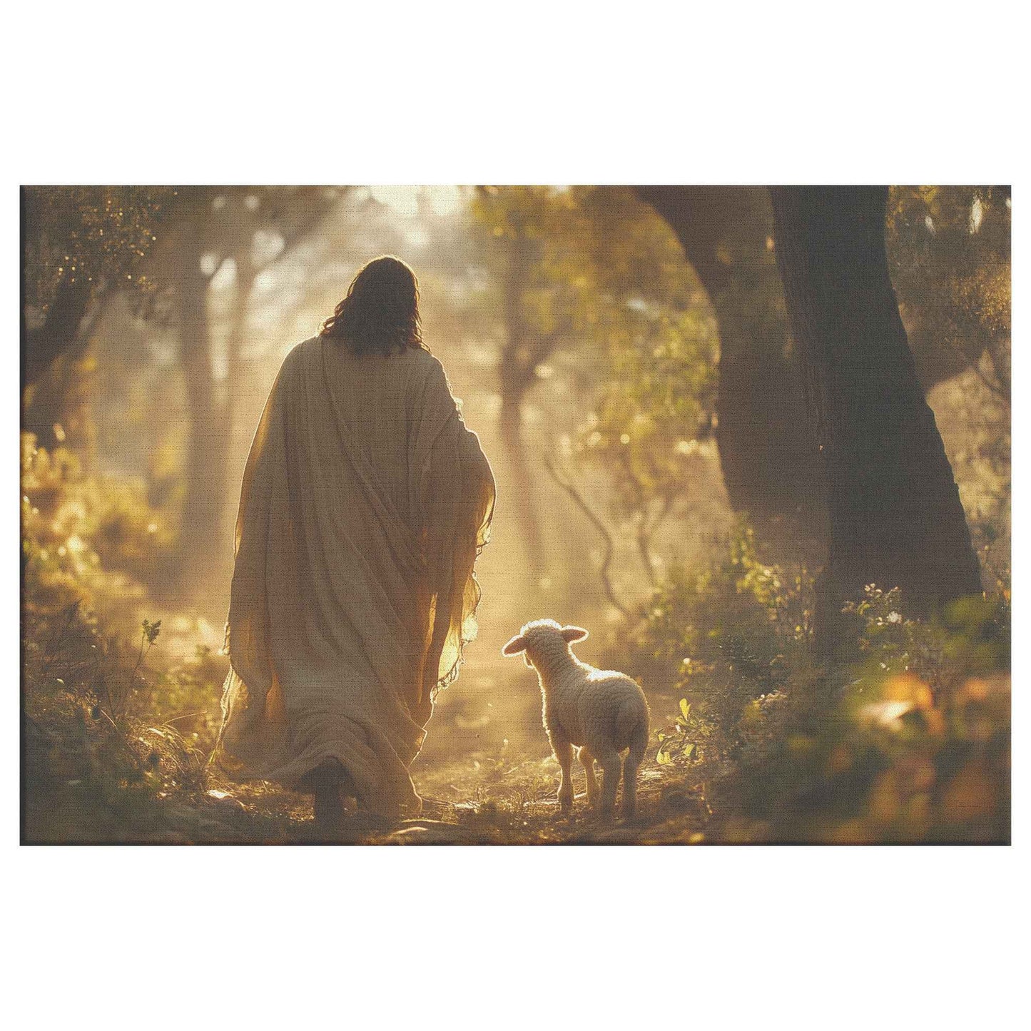 Radiant Hope Jesus Guiding the Lamb to Light in the Enchanted Forest   Christian Canvas Wall Art Decor