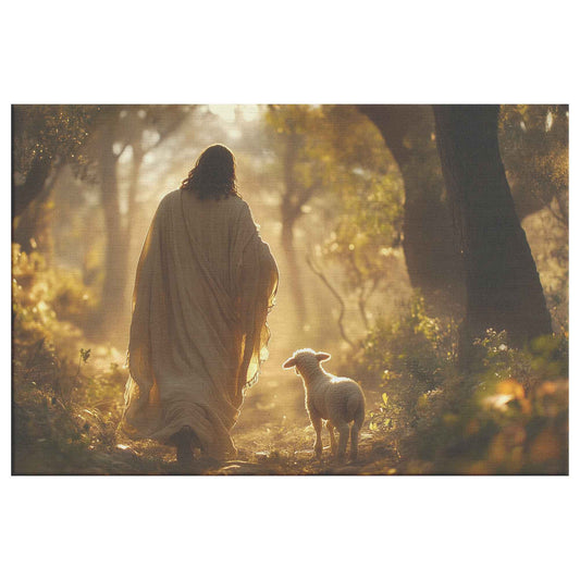 Radiant Hope Jesus Guiding the Lamb to Light in the Enchanted Forest   Christian Canvas Wall Art Decor