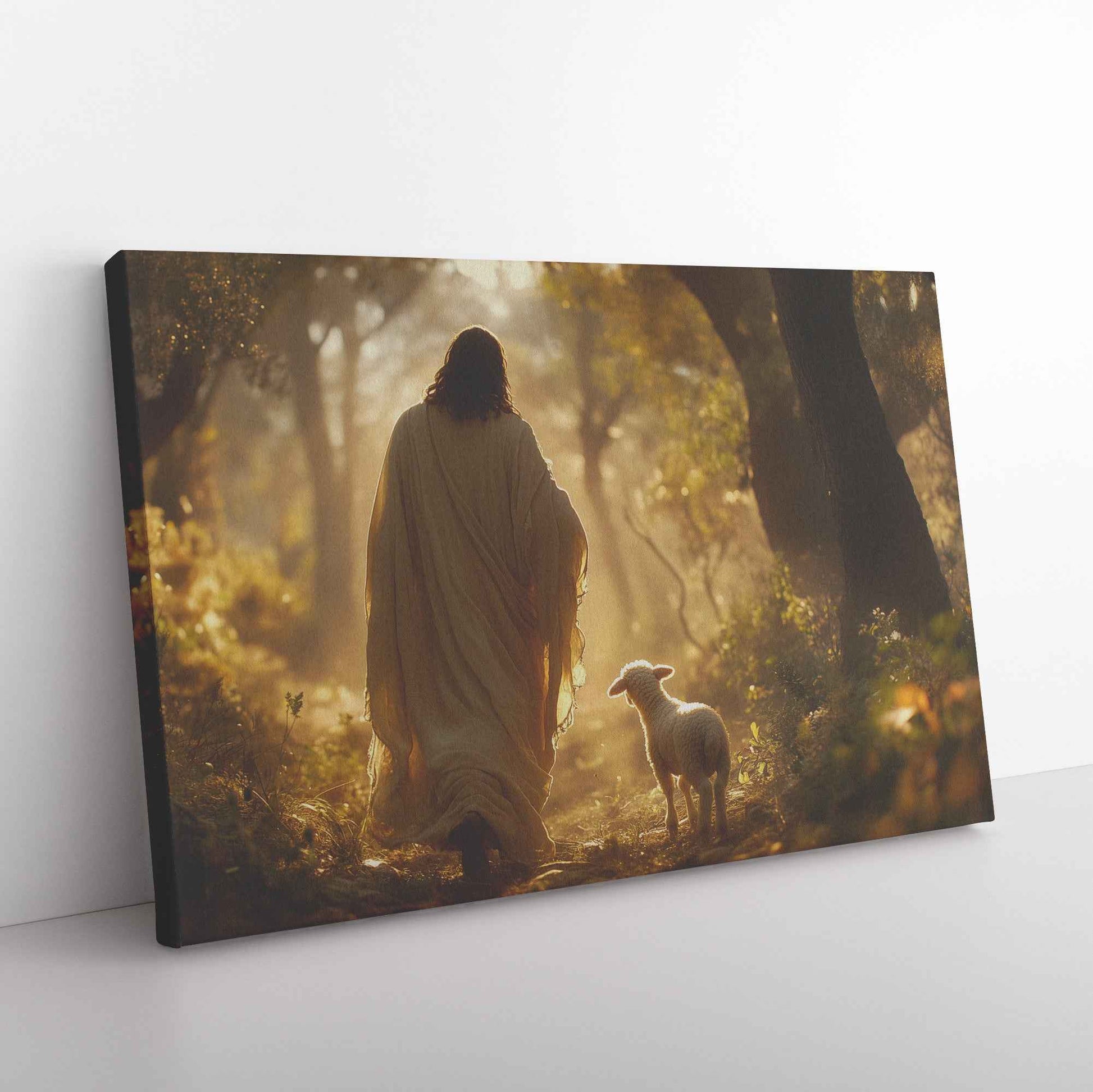 Radiant Hope Jesus Guiding the Lamb to Light in the Enchanted Forest   Christian Canvas Wall Art Decor