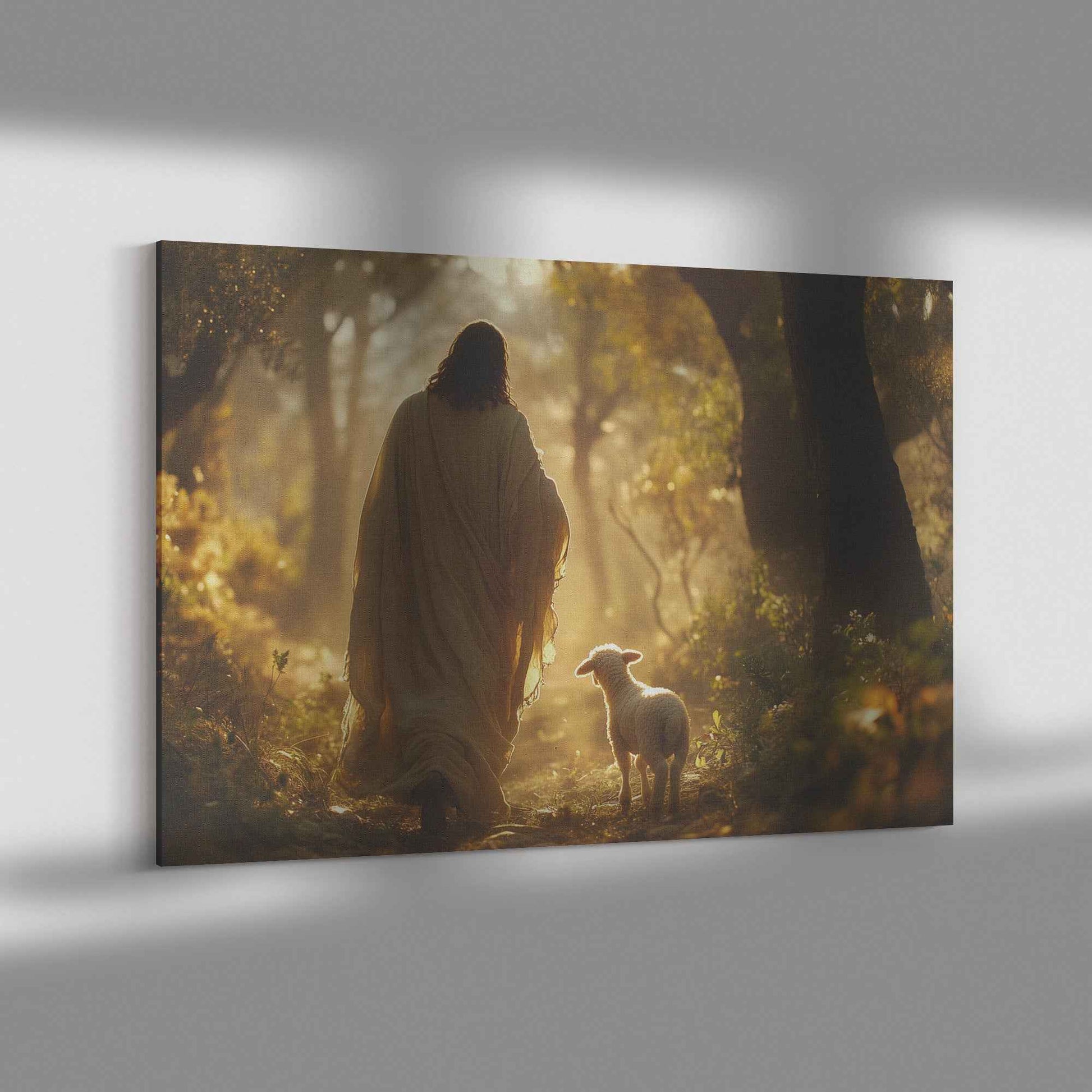 Radiant Hope Jesus Guiding the Lamb to Light in the Enchanted Forest   Christian Canvas Wall Art Decor