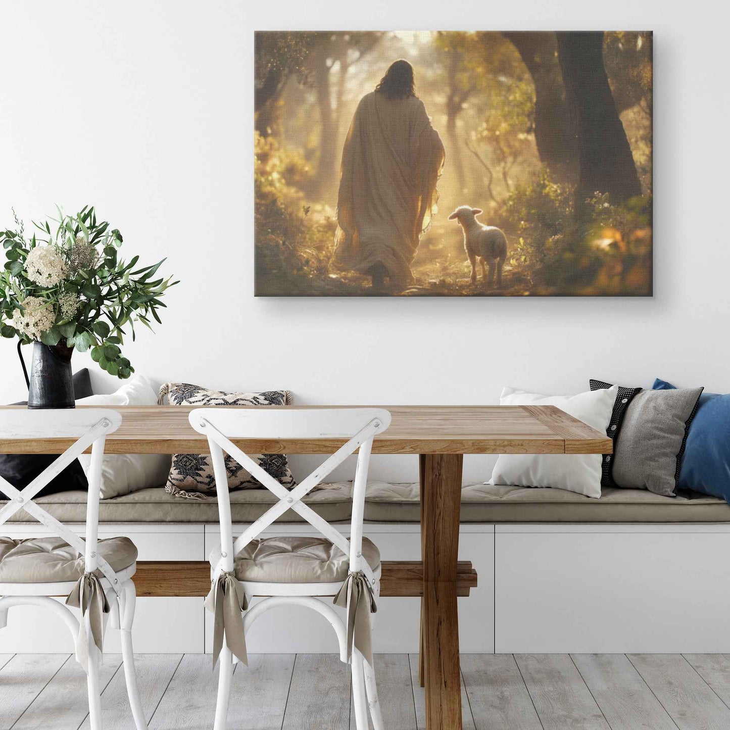 Radiant Hope Jesus Guiding the Lamb to Light in the Enchanted Forest   Christian Canvas Wall Art Decor