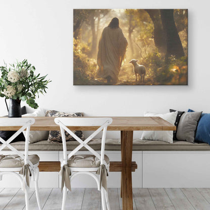 Radiant Hope Jesus Guiding the Lamb to Light in the Enchanted Forest   Christian Canvas Wall Art Decor