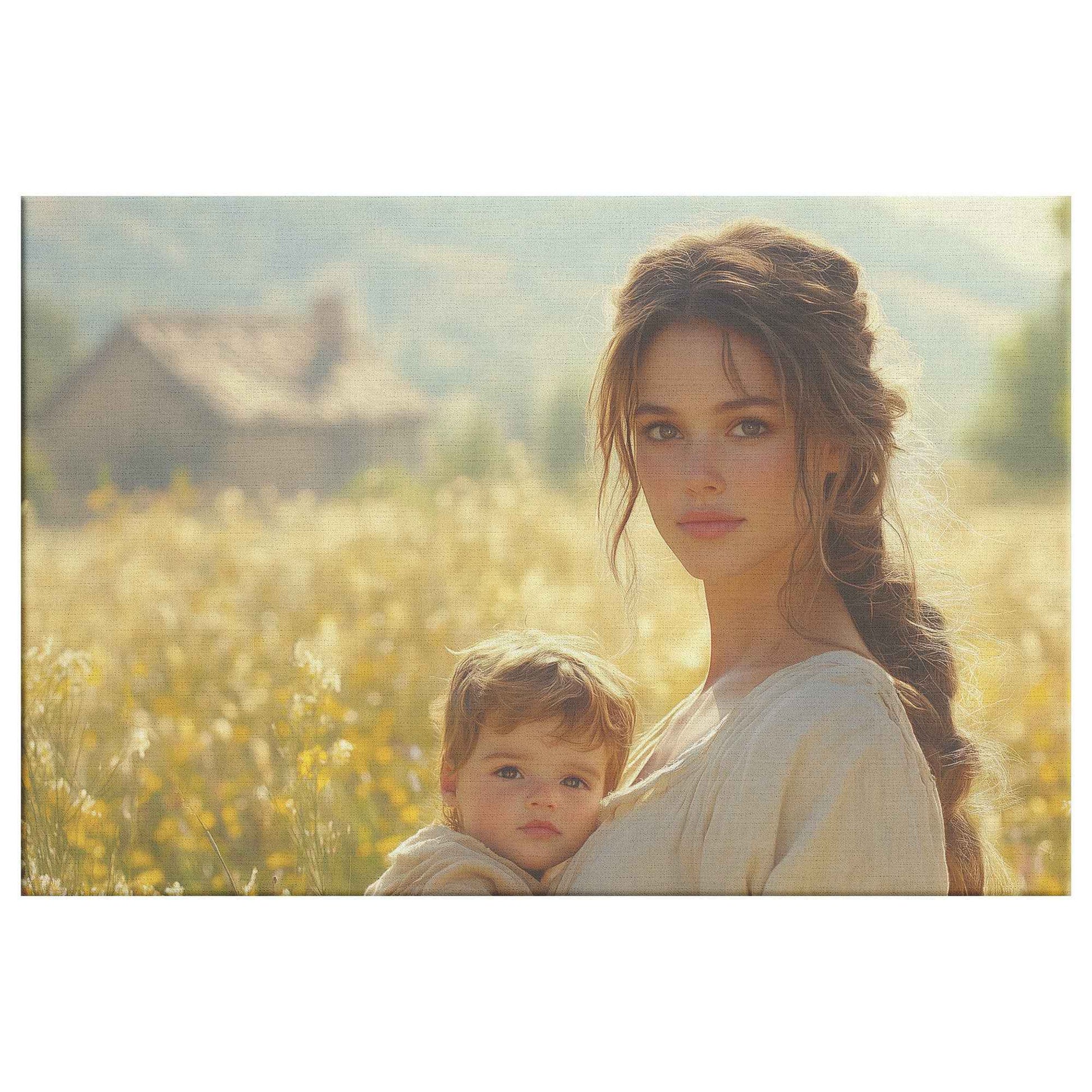 Radiant Joy Mother and Baby Amidst Wildflowers on Rustic Farm Heartwarming Christian Canvas Wall Art Decor
