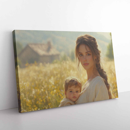 Radiant Joy Mother and Baby Amidst Wildflowers on Rustic Farm Heartwarming Christian Canvas Wall Art Decor
