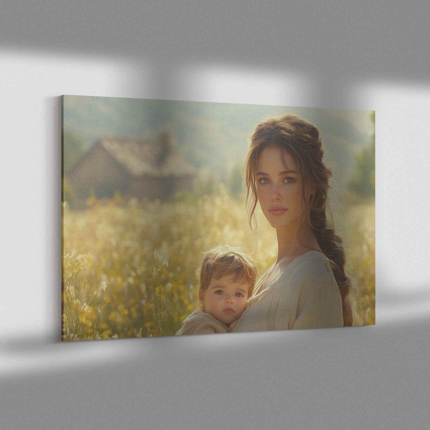 Radiant Joy Mother and Baby Amidst Wildflowers on Rustic Farm Heartwarming Christian Canvas Wall Art Decor
