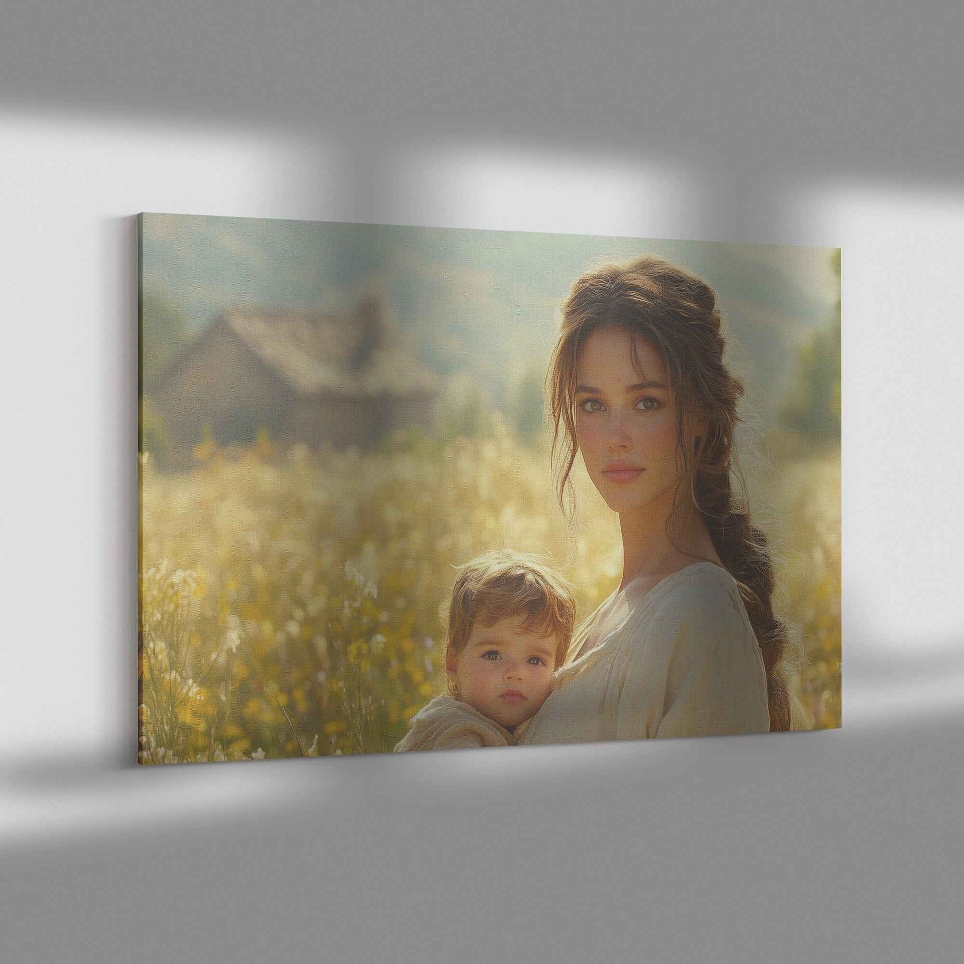 Radiant Joy Mother and Baby Amidst Wildflowers on Rustic Farm Heartwarming Christian Canvas Wall Art Decor