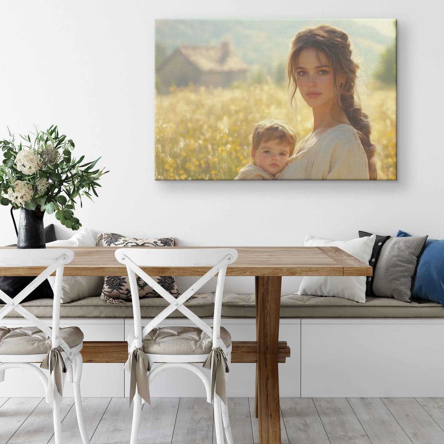 Radiant Joy Mother and Baby Amidst Wildflowers on Rustic Farm Heartwarming Christian Canvas Wall Art Decor