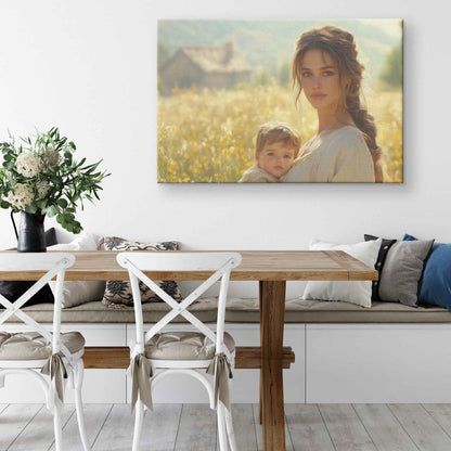 Radiant Joy Mother and Baby Amidst Wildflowers on Rustic Farm Heartwarming Christian Canvas Wall Art Decor
