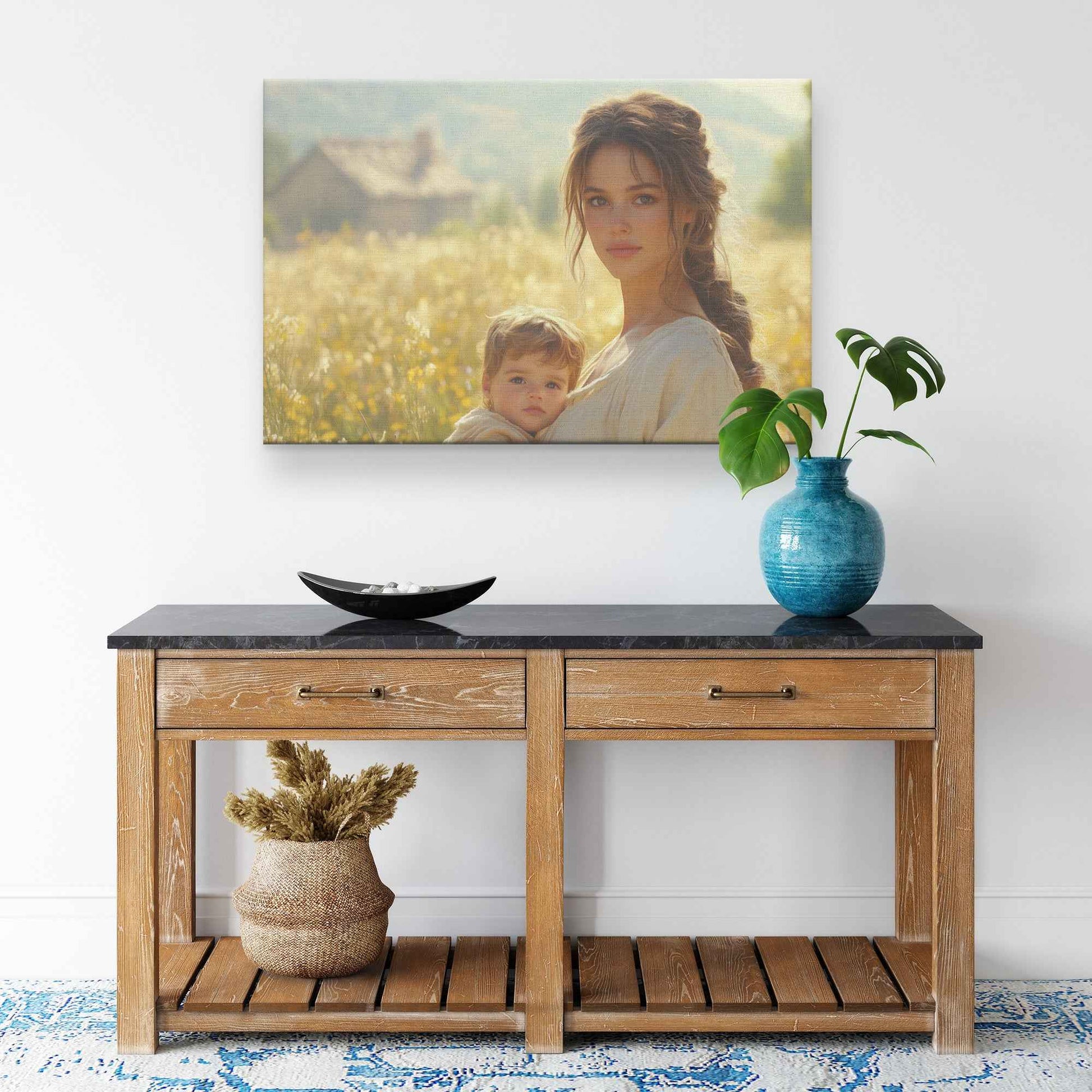 Radiant Joy Mother and Baby Amidst Wildflowers on Rustic Farm Heartwarming Christian Canvas Wall Art Decor