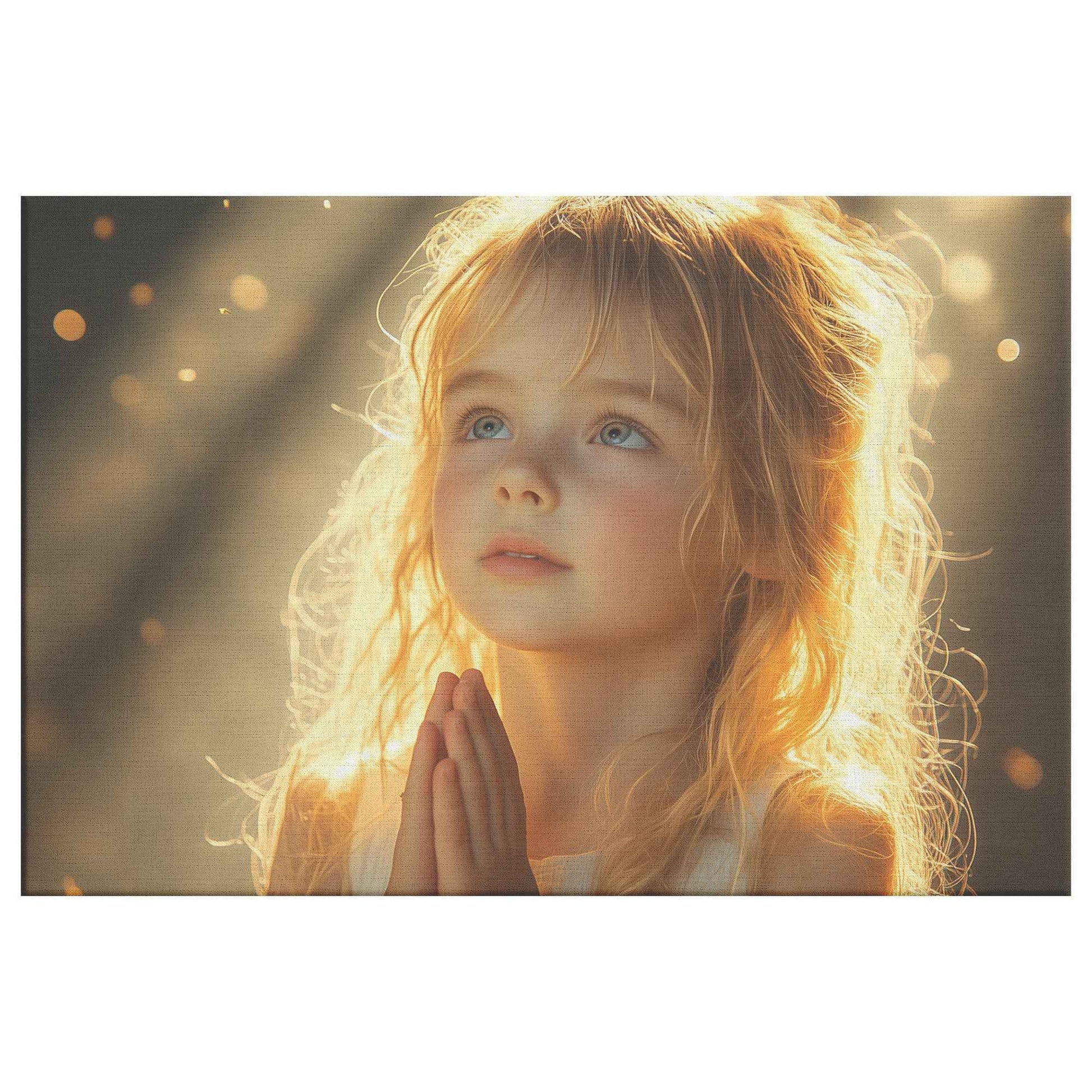 Radiant Little Girl in Golden Heavenly Light   Heartfelt Christian Canvas Wall Art Decor