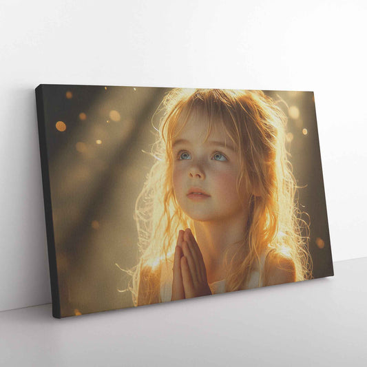 Radiant Little Girl in Golden Heavenly Light   Heartfelt Christian Canvas Wall Art Decor