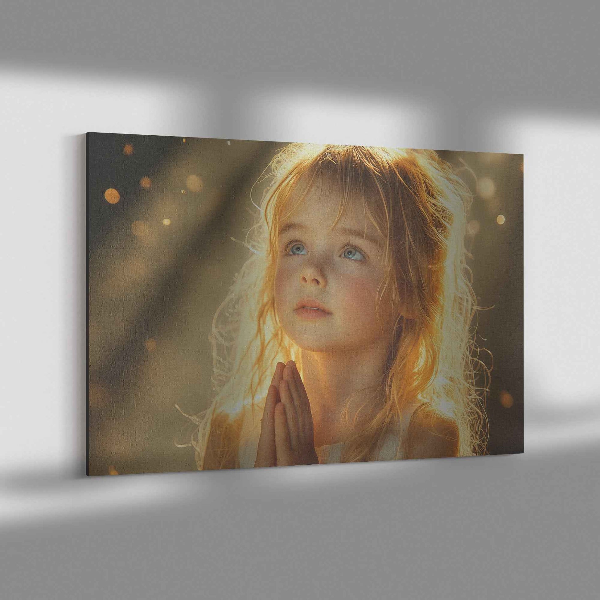 Radiant Little Girl in Golden Heavenly Light   Heartfelt Christian Canvas Wall Art Decor