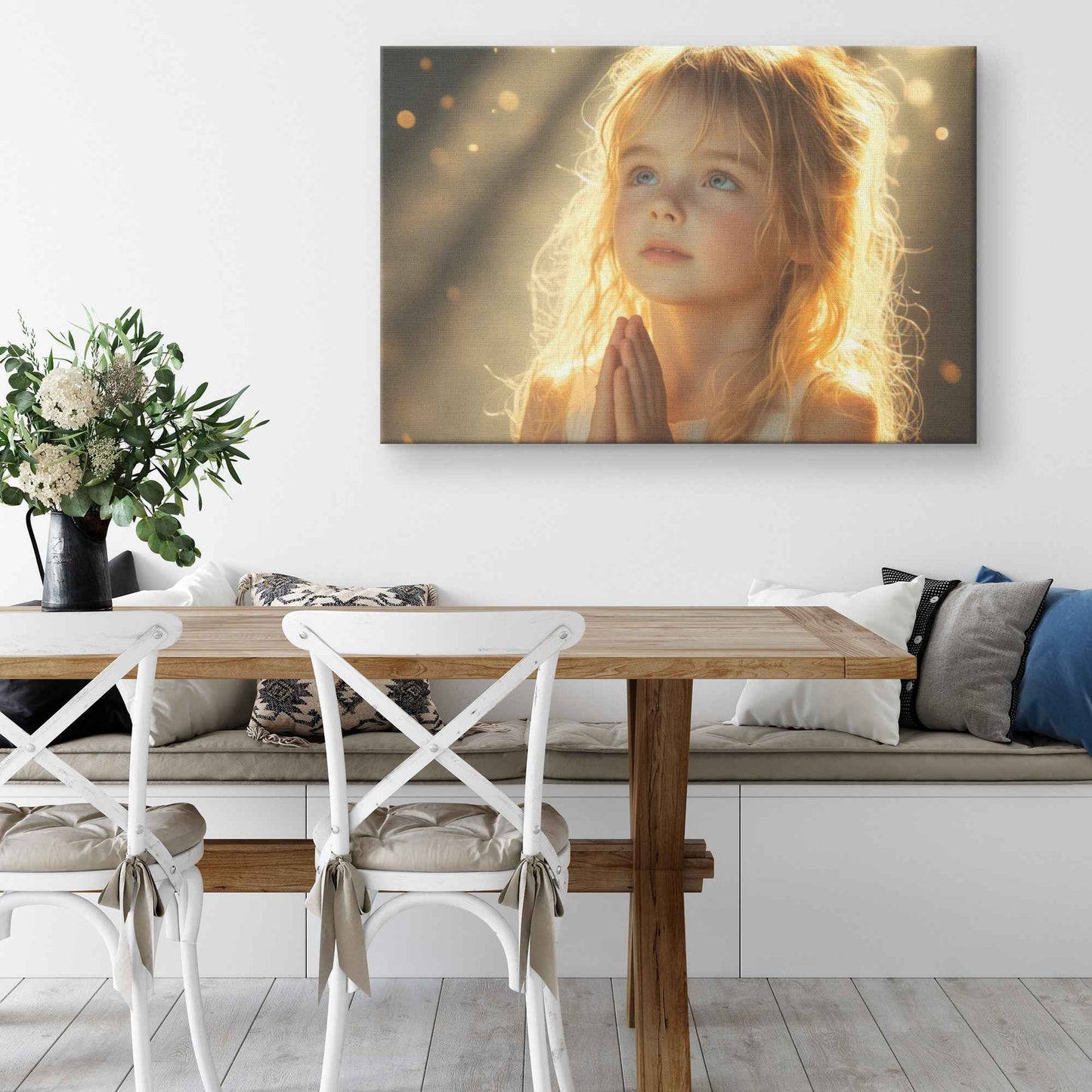 Radiant Little Girl in Golden Heavenly Light   Heartfelt Christian Canvas Wall Art Decor