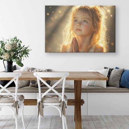 Radiant Little Girl in Golden Heavenly Light   Heartfelt Christian Canvas Wall Art Decor