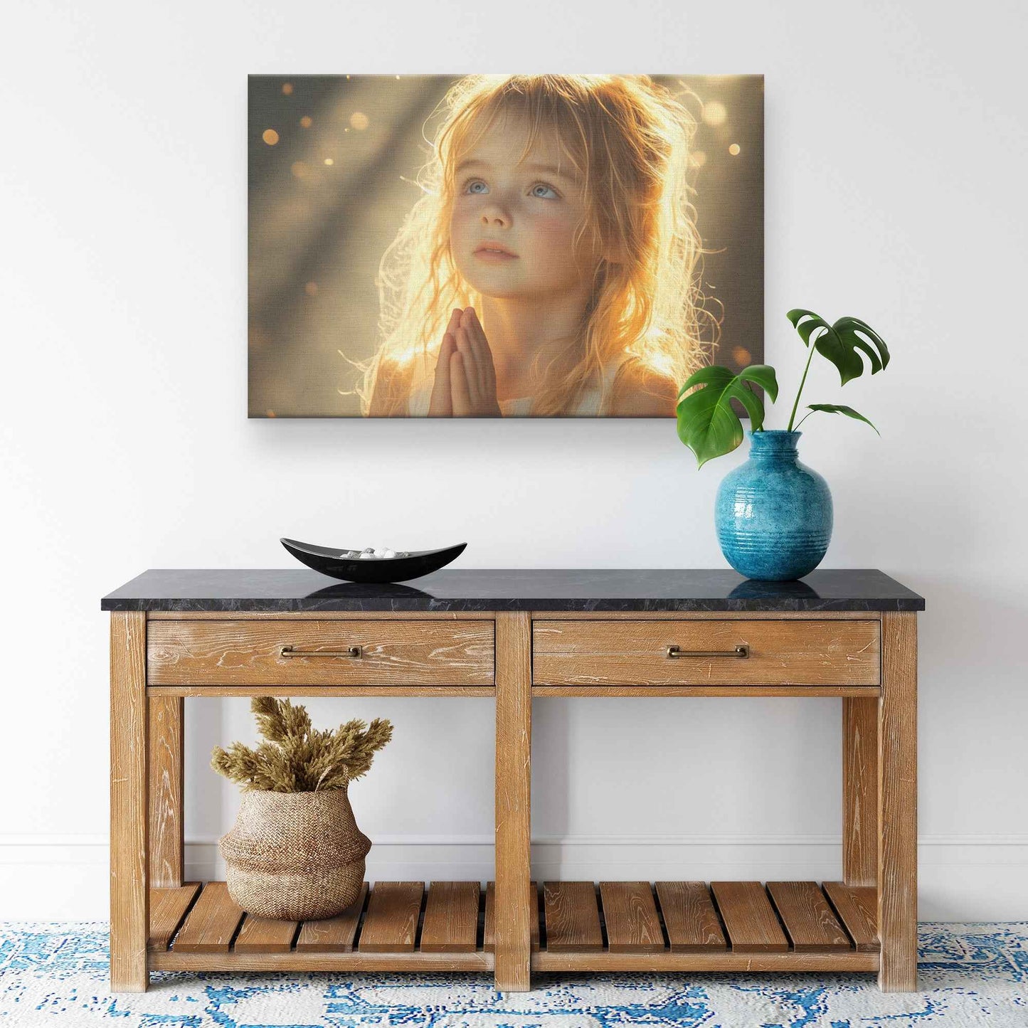 Radiant Little Girl in Golden Heavenly Light   Heartfelt Christian Canvas Wall Art Decor