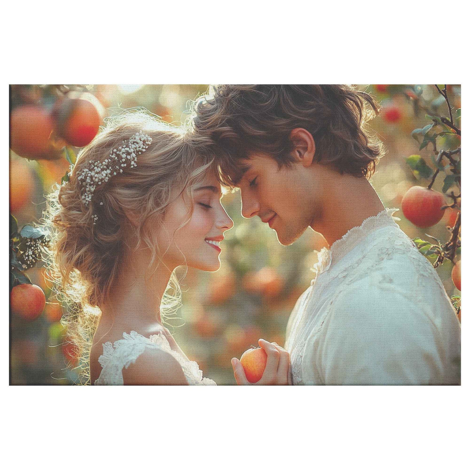 Radiant Love Adam and Eve Celebrating Their Union in a Sunlit Apple Orchard   Romantic Canvas Wall Art Decor