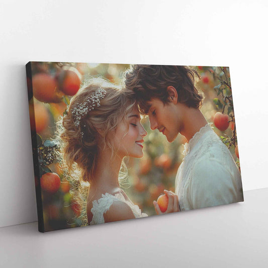 Radiant Love Adam and Eve Celebrating Their Union in a Sunlit Apple Orchard   Romantic Canvas Wall Art Decor