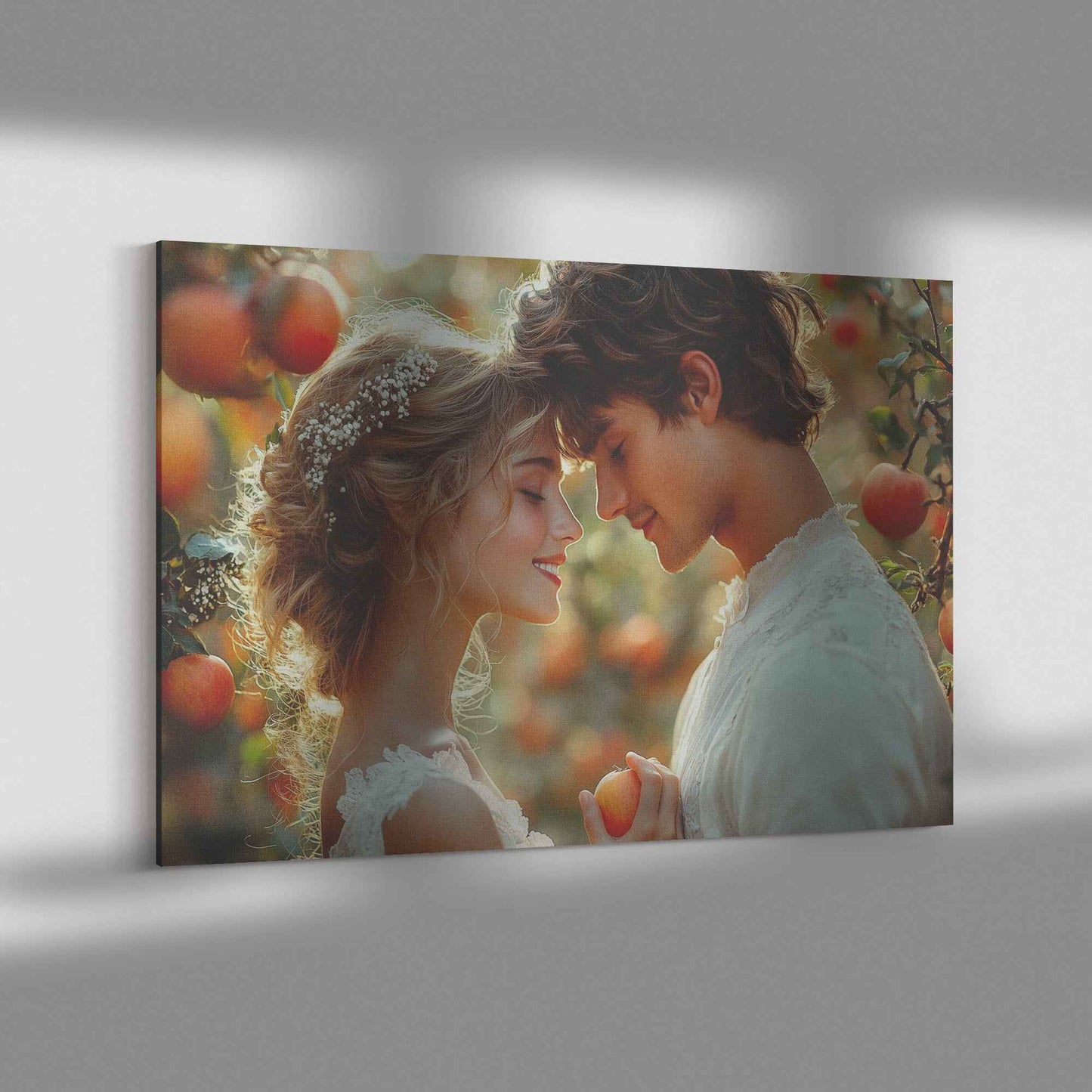 Radiant Love Adam and Eve Celebrating Their Union in a Sunlit Apple Orchard   Romantic Canvas Wall Art Decor