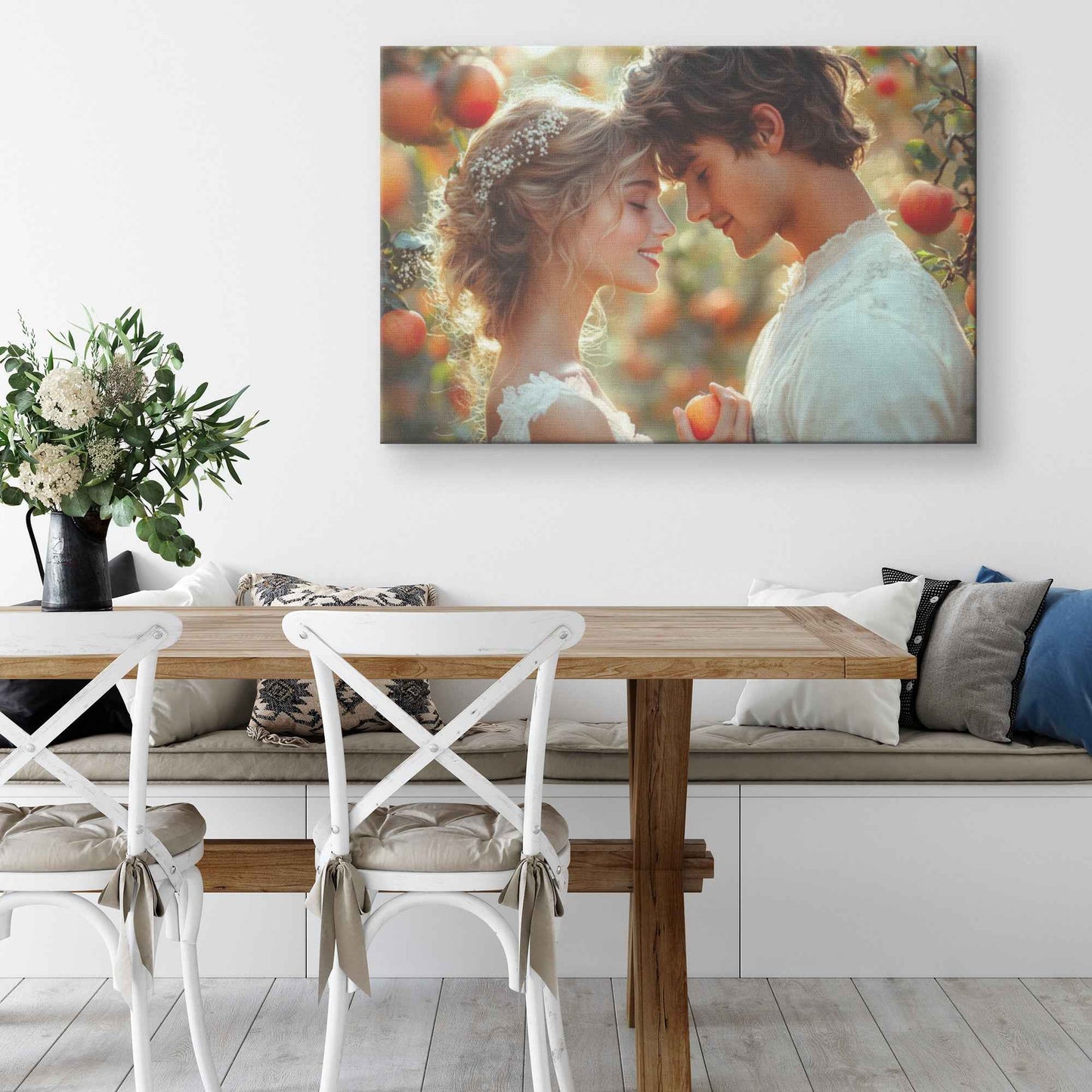 Radiant Love Adam and Eve Celebrating Their Union in a Sunlit Apple Orchard   Romantic Canvas Wall Art Decor
