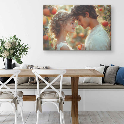 Radiant Love Adam and Eve Celebrating Their Union in a Sunlit Apple Orchard   Romantic Canvas Wall Art Decor