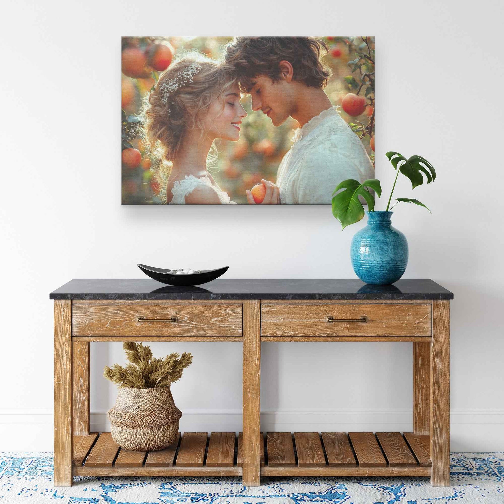 Radiant Love Adam and Eve Celebrating Their Union in a Sunlit Apple Orchard   Romantic Canvas Wall Art Decor