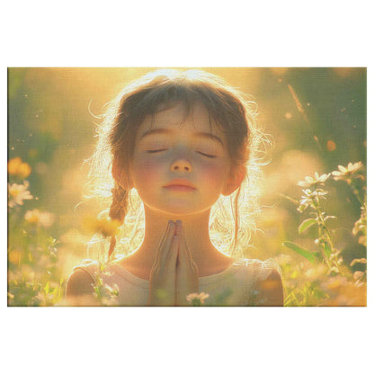 Radiant Morning Prayer Young Girl Surrounded Blooming Flowers in Golden Light   Christian Canvas Wall Art Decor