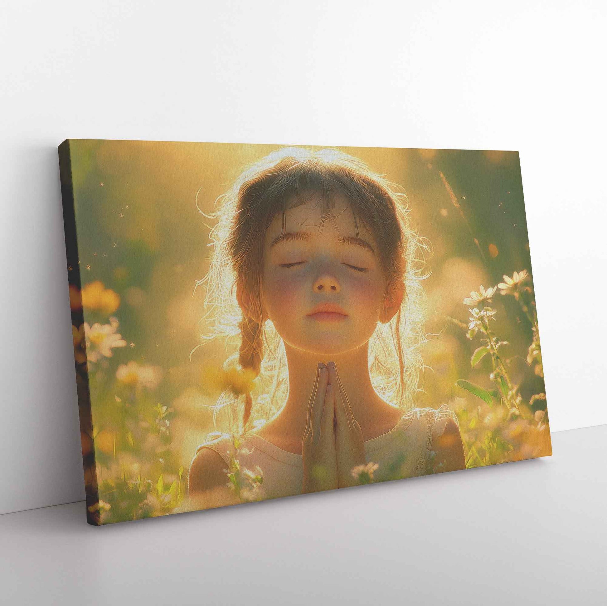 Radiant Morning Prayer Young Girl Surrounded Blooming Flowers in Golden Light   Christian Canvas Wall Art Decor