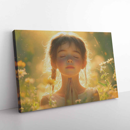 Radiant Morning Prayer Young Girl Surrounded Blooming Flowers in Golden Light   Christian Canvas Wall Art Decor