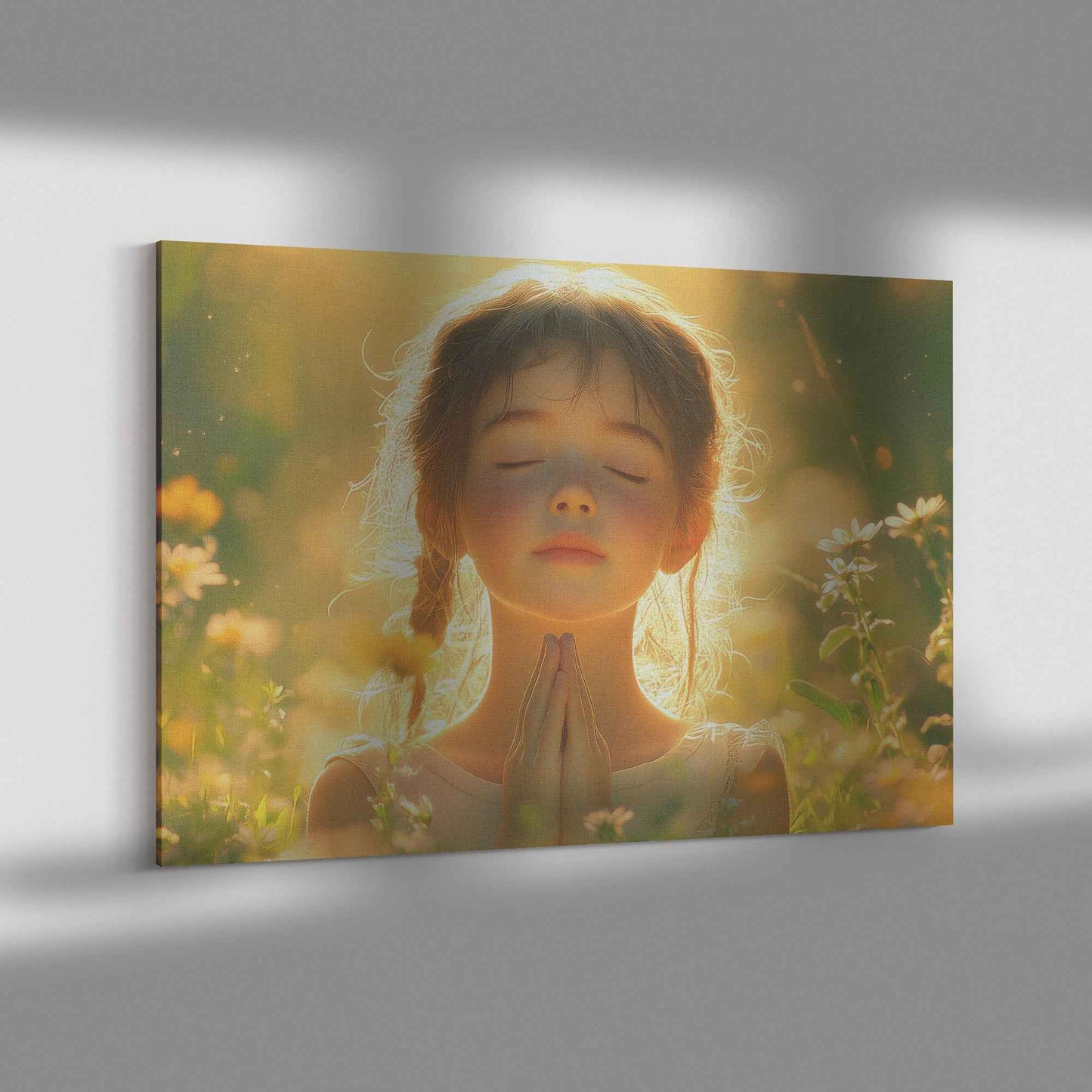 Radiant Morning Prayer Young Girl Surrounded Blooming Flowers in Golden Light   Christian Canvas Wall Art Decor