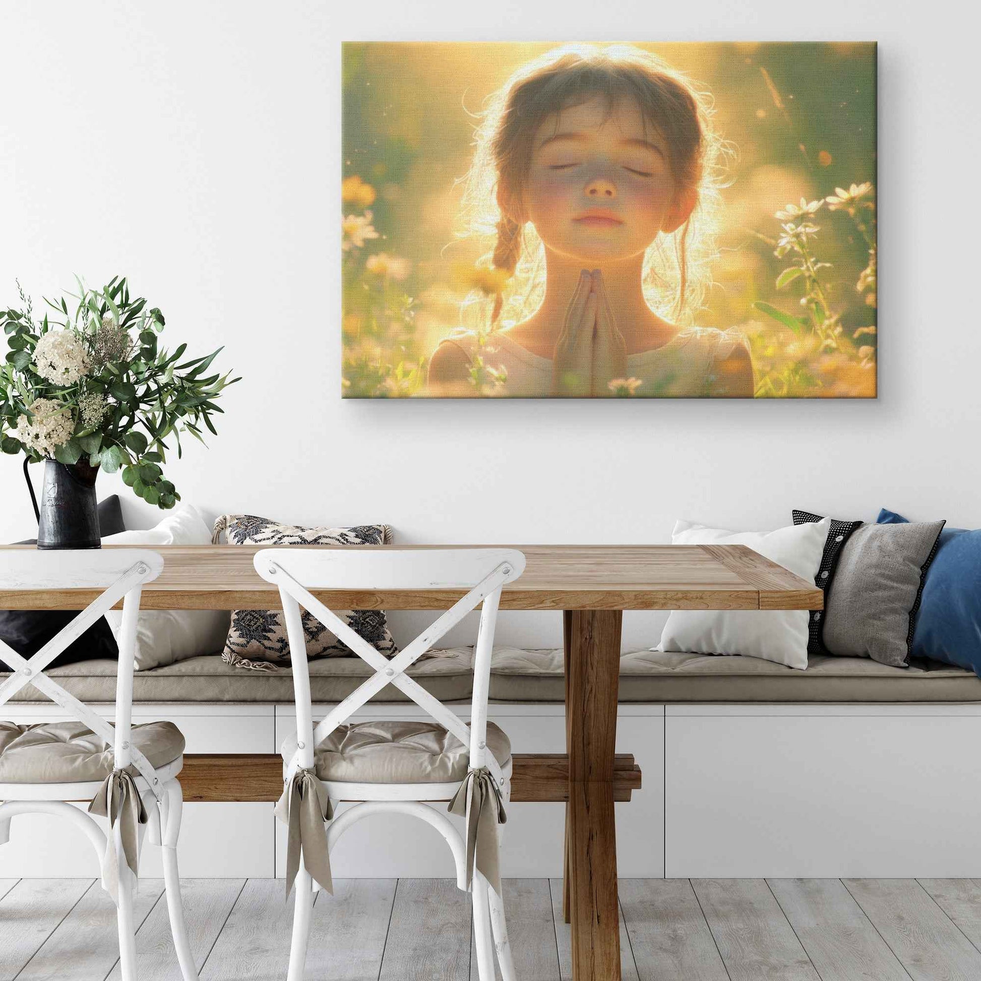 Radiant Morning Prayer Young Girl Surrounded Blooming Flowers in Golden Light   Christian Canvas Wall Art Decor