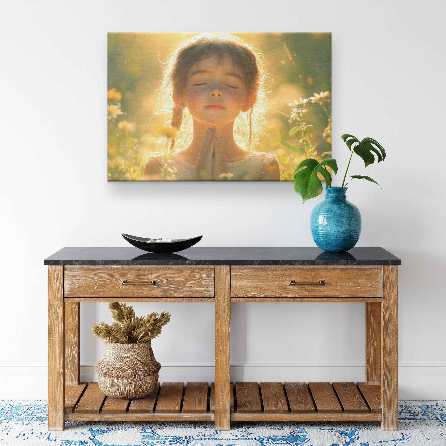 Radiant Morning Prayer Young Girl Surrounded Blooming Flowers in Golden Light   Christian Canvas Wall Art Decor