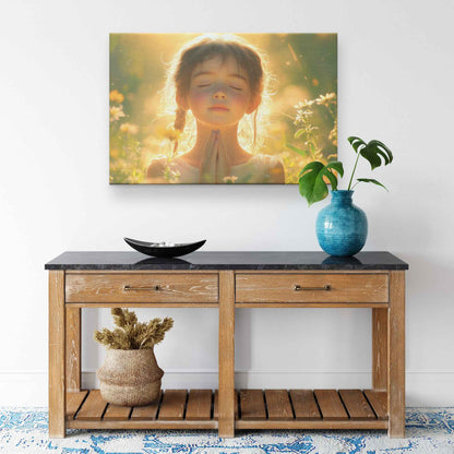 Radiant Morning Prayer Young Girl Surrounded Blooming Flowers in Golden Light   Christian Canvas Wall Art Decor