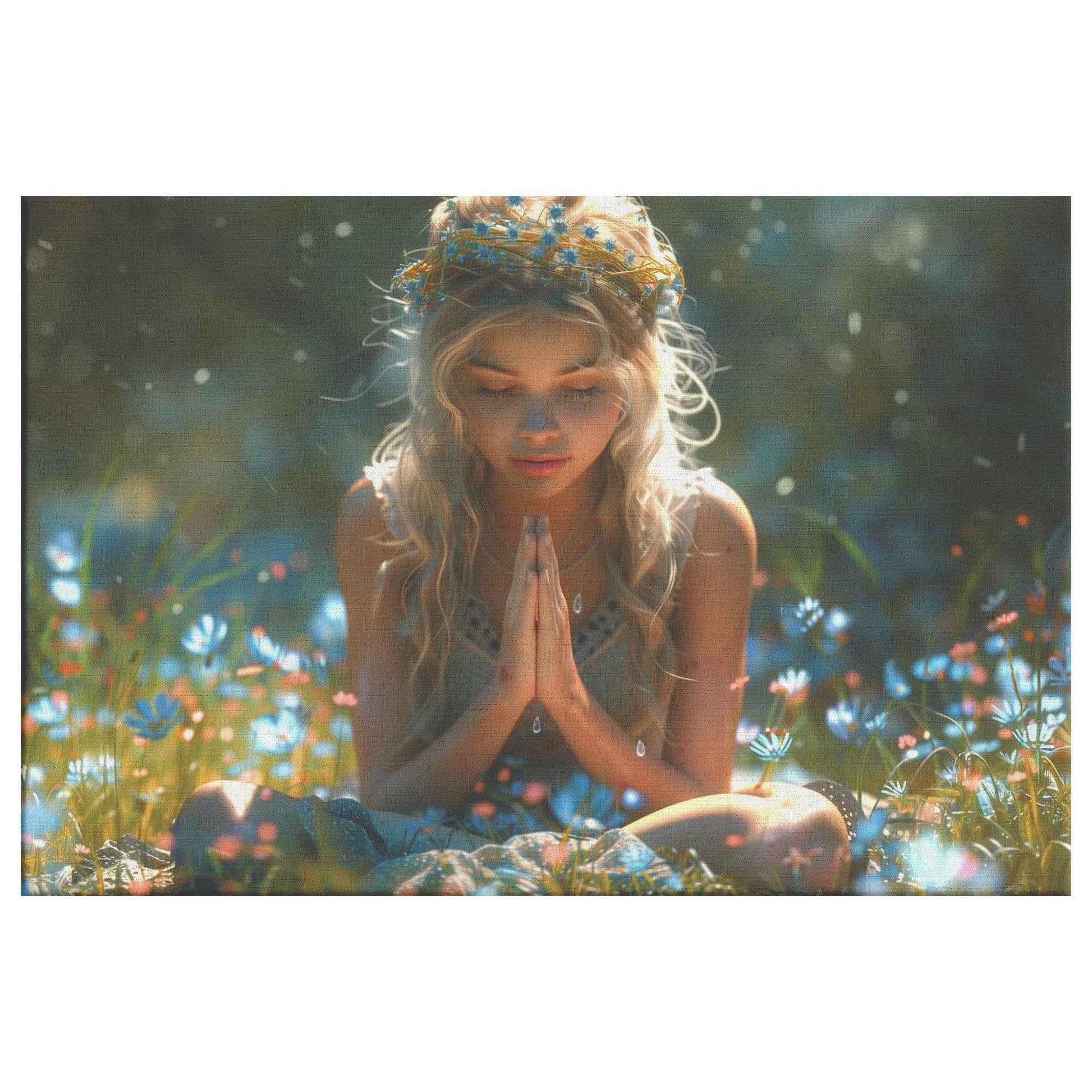 Radiant Reflection Young Girl in Floral Crown Meditating in Wildflower Meadow   Inspiring Christian Canvas Wall Art Decor