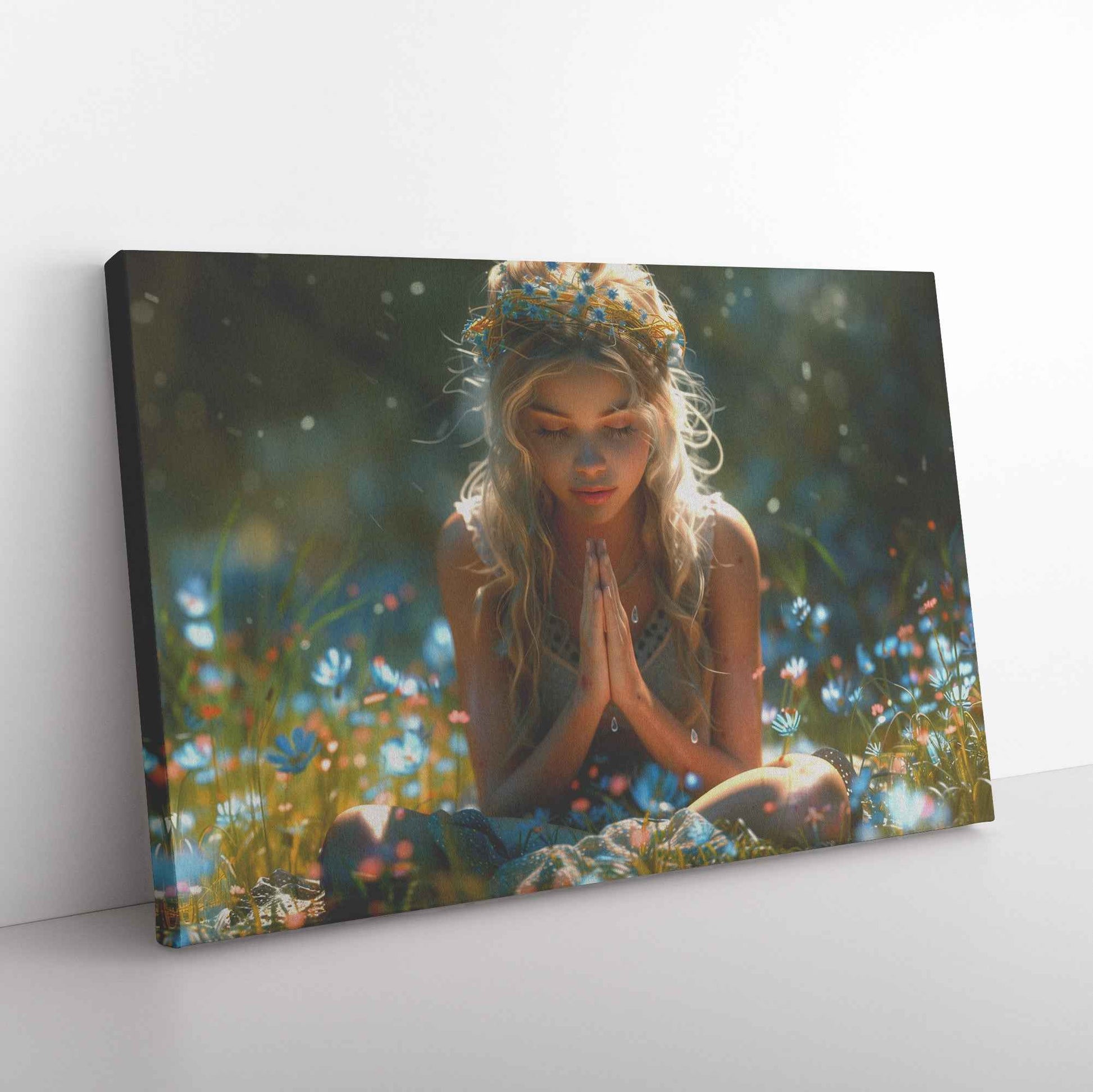 Radiant Reflection Young Girl in Floral Crown Meditating in Wildflower Meadow   Inspiring Christian Canvas Wall Art Decor