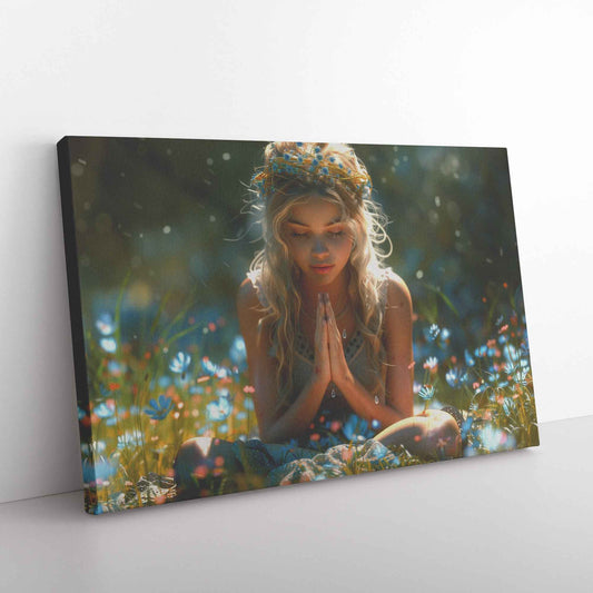 Radiant Reflection Young Girl in Floral Crown Meditating in Wildflower Meadow   Inspiring Christian Canvas Wall Art Decor