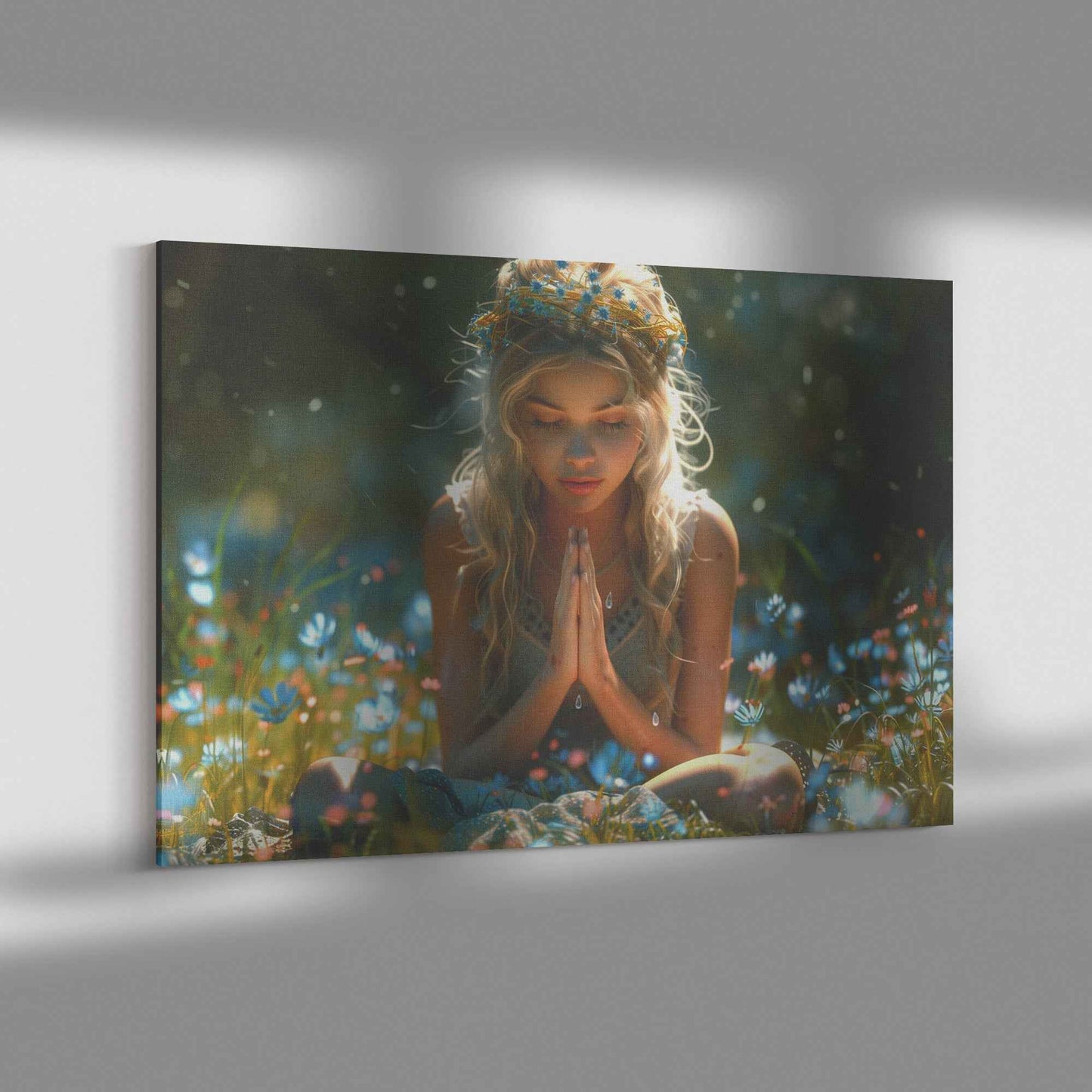 Radiant Reflection Young Girl in Floral Crown Meditating in Wildflower Meadow   Inspiring Christian Canvas Wall Art Decor