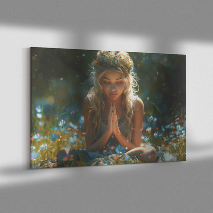 Radiant Reflection Young Girl in Floral Crown Meditating in Wildflower Meadow   Inspiring Christian Canvas Wall Art Decor