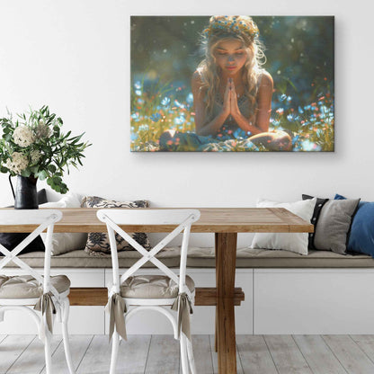 Radiant Reflection Young Girl in Floral Crown Meditating in Wildflower Meadow   Inspiring Christian Canvas Wall Art Decor