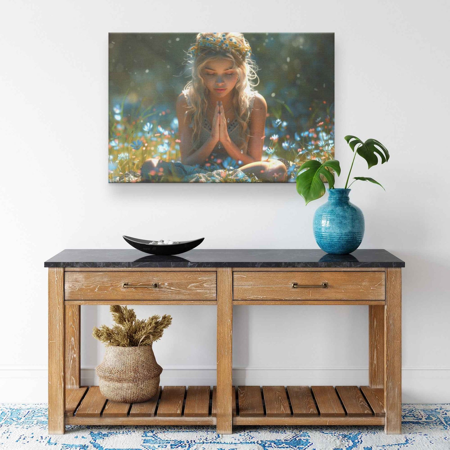 Radiant Reflection Young Girl in Floral Crown Meditating in Wildflower Meadow   Inspiring Christian Canvas Wall Art Decor