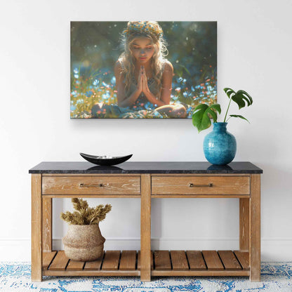 Radiant Reflection Young Girl in Floral Crown Meditating in Wildflower Meadow   Inspiring Christian Canvas Wall Art Decor